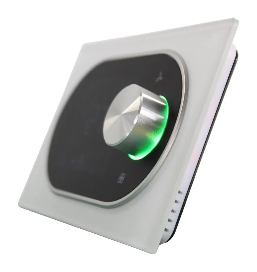 The FL001 thermostat: a white glass panel with a black display and a metal control knob